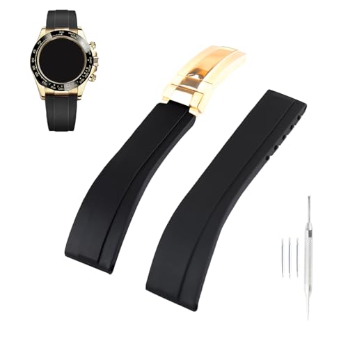 Topuly Ersatz-Uhrenarmband aus Gummi für Rolex SUBMARINER GHOST DATEJUST OYSTERPERTUAL DAYTONA YACHTMASTER Faltschließe, Silikon-Armband, Zubehör für Damen und Herren, Schwarz / Gold, 20 mm von Topuly