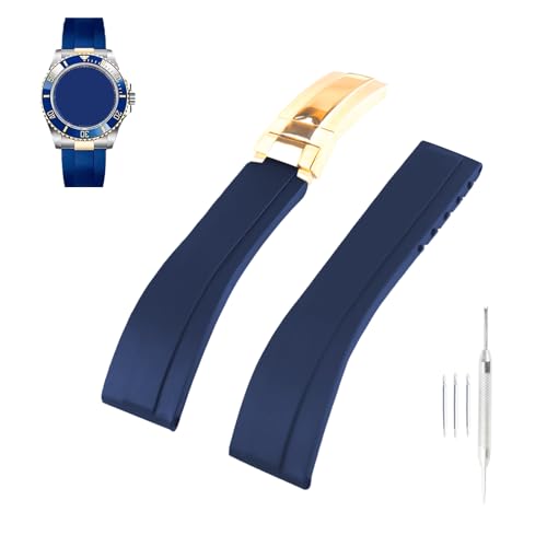 Topuly Ersatz-Uhrenarmband aus Gummi für Rolex SUBMARINER GHOST DATEJUST OYSTERPERTUAL DAYTONA YACHTMASTER Faltschließe, Silikon-Armband, Zubehör für Damen und Herren (blau-goldene Schnalle) von Topuly