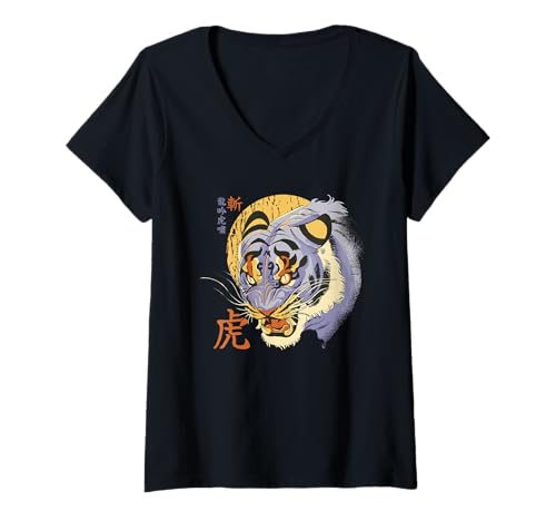 Damen Traditionelle japanische Tigerkunst T-Shirt mit V-Ausschnitt Damen Traditionelle japanische Tigerkunst T-Shirt mit V-Ausschnitt von Tora Spirit Apparel