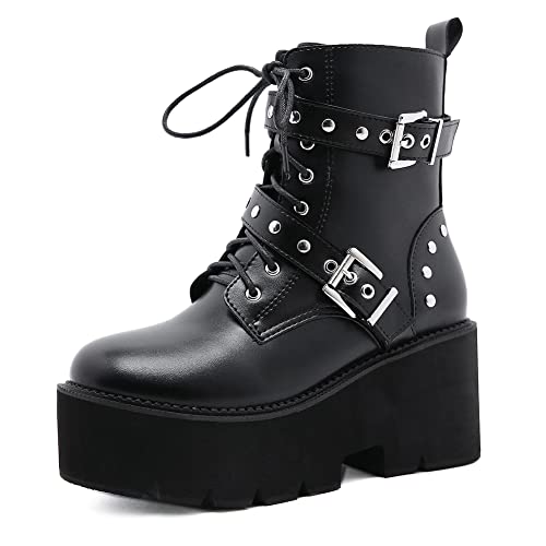 Toride Biker Stiefel Damen Plateau Stiefeletten Herbst Winter Stilvolle Gothic Stiefel Block Heel Schnüren High Heels Schnallenriemen Halbschaft Lederstiefel von Toride