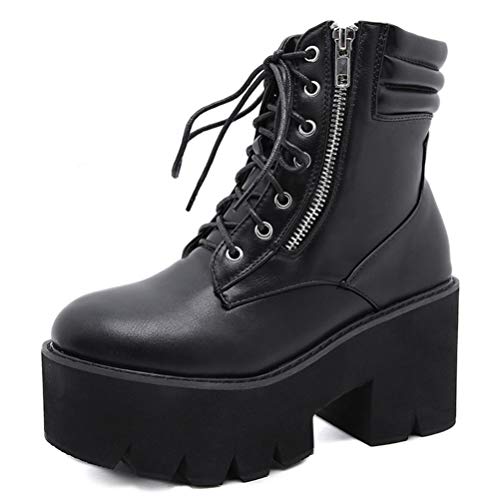 Plateau Stiefel für Damen Blockabsatz Leder Biker Stiefel Herbst Winter Schnürung Runde Zehen High Heels Chunky Heel Stylish Stiefeletten von Toride