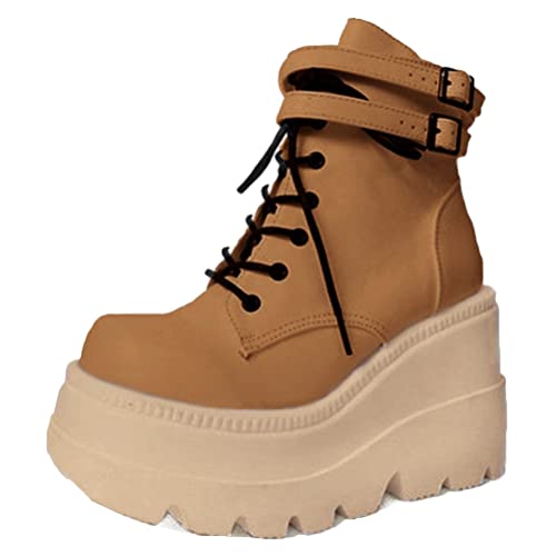 Plateau Stiefel für Damen Chunky Wedge Heel Round Toe Spring Autumn Non-slip Combat Boots Schnüren Reißverschluss High Heel Dicke Stiefeletten von Toride