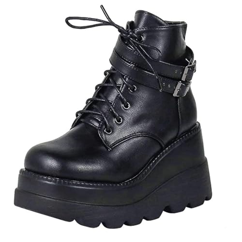 Plateau Stiefel für Damen Chunky Wedge Heel Round Toe Spring Autumn Non-slip Combat Boots Schnüren Reißverschluss High Heel Dicke Stiefeletten von Toride