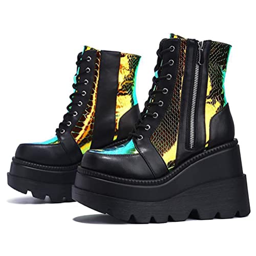 Plateau Stiefel für Damen Chunky Wedge Heel Round Toe Spring Autumn Non-slip Combat Boots Schnüren Reißverschluss High Heel Dicke Stiefeletten von Toride