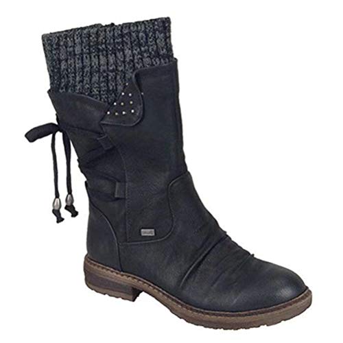 Toride Damen Biker Stiefel Mittlere Wade Niedriger Blockabsatz Seitlicher Reißverschluss Kurzer Plüsch Slip On Herbst Winter Warm Kreuz Gebunden Runde Kappe Schneeschuhe von Toride