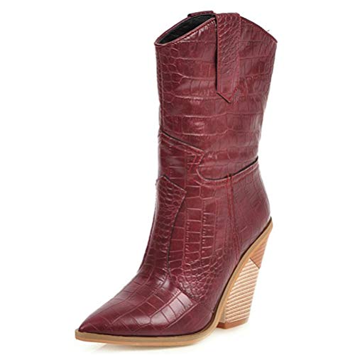 Toride Damen Cowboystiefel Mitte Kalbsleder Western Heel Chunky Wedges Slip On Spitz Herbst Winter Biker Stiefel von Toride