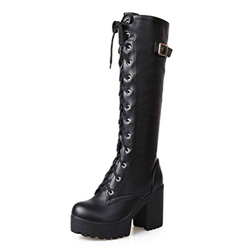Toride Damen Kniehohe Stiefel Plattform Schnüren Quadratische Ferse Kurze Plüsch Schnalle Blockabsatz Winter Herbst High Heels Schneeschuhe von Toride