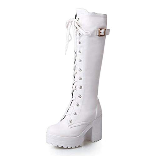 Toride Damen Kniehohe Stiefel Plattform Schnüren Quadratische Ferse Kurze Plüsch Schnalle Blockabsatz Winter Herbst High Heels Schneeschuhe von Toride