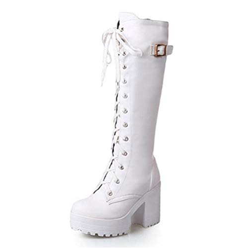 Toride Damen Kniehohe Stiefel Plattform Schnüren Quadratische Ferse Kurze Plüsch Schnalle Blockabsatz Winter Herbst High Heels Schneeschuhe von Toride