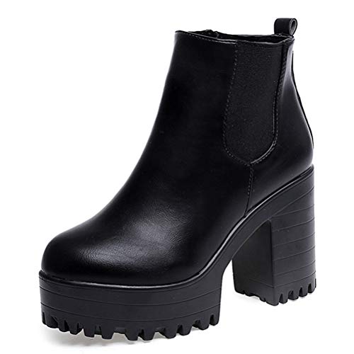 Toride Damen Plattform Stiefeletten Seitlichem Reißverschluss Motorradstiefel Quadrat Ferse Frühling Herbst Leder Party Runde Kappe High Heels von Toride