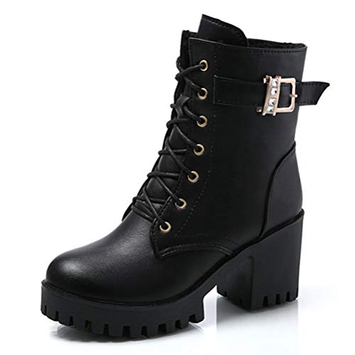 Toride Damen Starke Absätze Runde Kappe High Heels Plattform Schnürschuhe Quadratische Ferse Kurze Plüsch Herbst Winter Warme Stiefeletten Damen von Toride