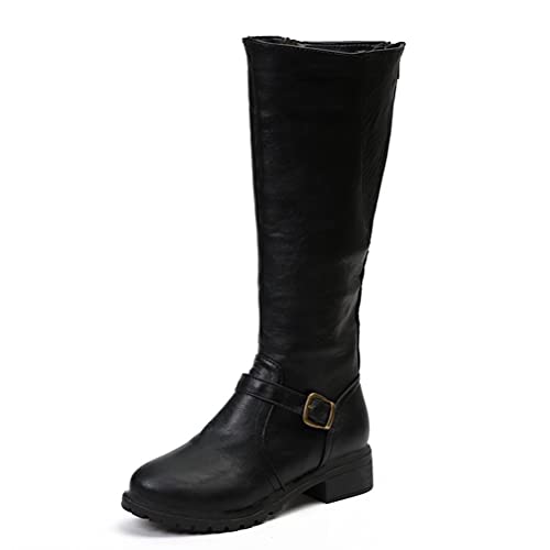 Toride Damen Biker Stiefel Casual Gürtelschnalle Reißverschluss Oberschenkel Hohe Lose Stiefel Reiten Kniehohe Runde Kappe Quadrat Ferse Leder Reitstiefel von Toride