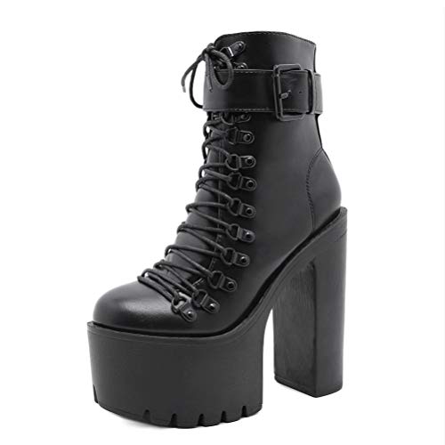 Toride Gothic Stiefel Damen Biker Stiefel Plateau Frühling Herbst Blockabsatz Kurze Stiefel Stilvolle Party Runde Zehen Schnürung High Heels von Toride