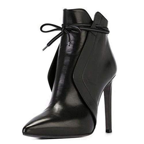 Toride Schwarze Lederstiefeletten für Damen mit dünnem Absatz Elegante Stilettos Herbst Winter spitze Zehenpumps Party kurze Stiefel Stilvolle sexy Schnürschuhe mit hohen Absätzen von Toride