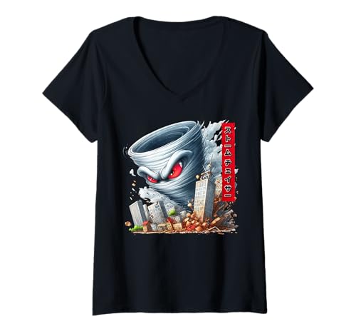 Damen Lustiger Tornado-Sturm jagt Storm Chaser Kaiju Monster T-Shirt mit V-Ausschnitt von Tornado Storm Chasing Kaiju Monster Clothing