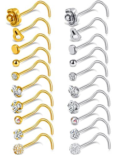 Tornito 20 Stück Nasenstecker Edelstahl L-Form mit Zirkonia 20g Nasenstecker Nasenpiercing Schmuck für Männer Frauen (A1:20pcs), Metall, Quadratischer Zirkonia von Tornito