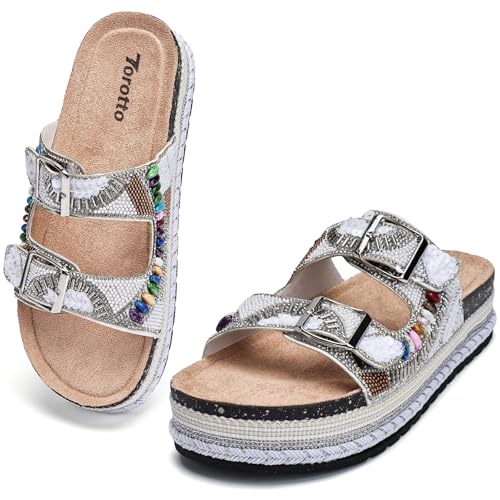 Damen Pantoletten Modische Sandalen Metallic Hausschuhe mit verstellbaren Riemen Verdickter Boden 4CM von Torotto
