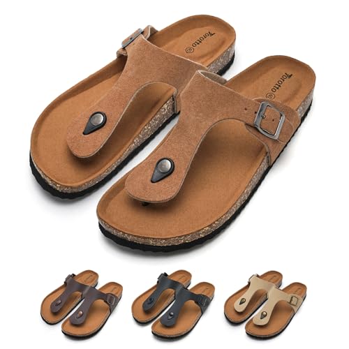 Damen Zehentrenner Flip Flops Pantoletten Hausschuhe Sportliche Kork-Fußbett Schlappen Mit Verstellbarer Rieme Sandalen(Tiefes Khaki,38 EU) von Torotto