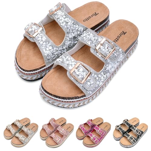 Torotto Damen Pantoletten Modische Hausschuhe Sandalen Metallic Pantoffeln mit verstellbaren Riemen Verdickter Boden 4CM(weiß，38 EU) von Torotto