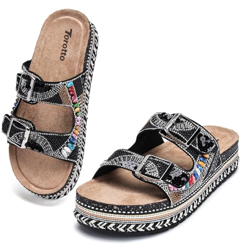 Damen Pantoletten Modische Sandalen Metallic Hausschuhe mit verstellbaren Riemen Verdickter Boden 4CM von Torotto