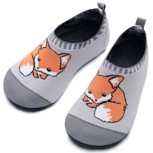 Torotto Hausschuhe Kinder Mädchen Junge Pantoffeln Atmungsaktive Rutschfest Weich Lauflernschuhe für Turnschläppchen Barfussschuhe Kleinkinder Schuhe Kindergarten Unisex(Grauer Fuchs 24/25EU) von Torotto