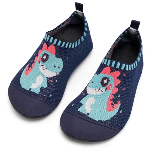 Torotto Hausschuhe Kinder Mädchen Junge Pantoffeln Atmungsaktive Rutschfest Weich Lauflernschuhe für Turnschläppchen Barfussschuhe Kleinkinder Schuhe Kindergarten Unisex(Blauer Dinosaurier 28/29EU) von Torotto