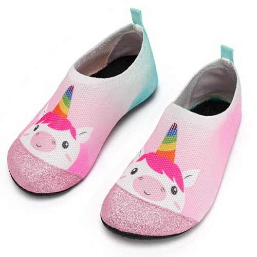 Torotto Hausschuhe Kinder Mädchen Junge Pantoffeln Atmungsaktive Rutschfest Weich Lauflernschuhe für Turnschläppchen Barfussschuhe Kleinkinder Schuhe Kindergarten Unisex(Rosa blaues Einhorn 26/27EU) von Torotto