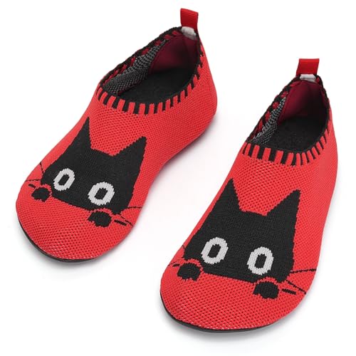 Torotto Hausschuhe Kinder Mädchen Junge Pantoffeln Atmungsaktive Rutschfest Weich Lauflernschuhe für Turnschläppchen Barfussschuhe Kleinkinder Schuhe Kindergarten Unisex(Rote Katze 24/25EU) von Torotto