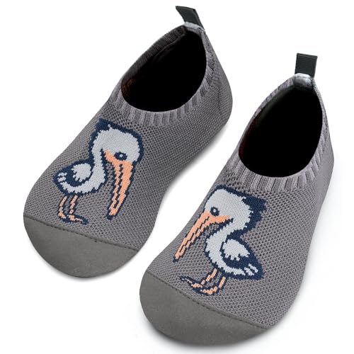 Torotto Hausschuhe Kinder Mädchen Junge Pantoffeln Atmungsaktive Rutschfest Weich Turnschläppchen Barfussschuhe für Lauflernschuhe Kleinkinder Schuhe Kindergarten Unisex(Weißer Storch Grau 28/29 EU) von Torotto