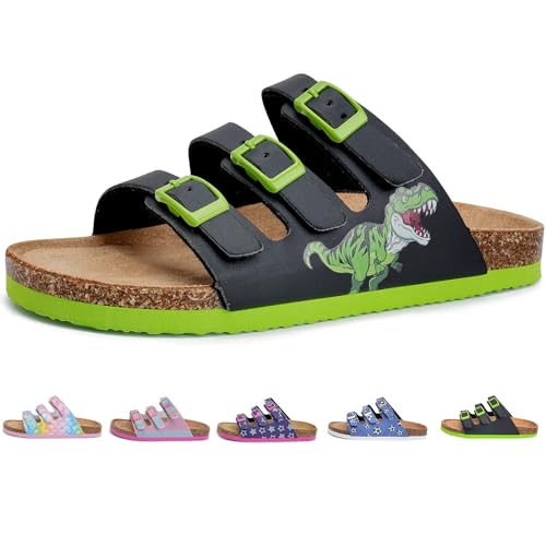 Torotto Pantoletten Kinder Mit Kork Hausschuhe Mädchen Jungen Schlappen Riemen Verstellbare Schnalle Rutschfeste Pantoffeln für Drinnen und Draußen(Grüner Dinosaurier, 32EU) von Torotto