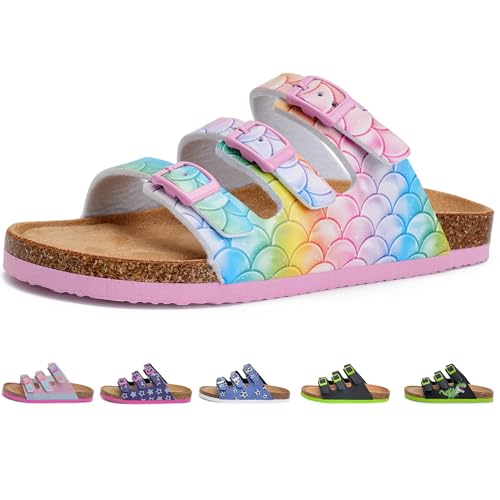 Torotto Pantoletten Kinder Mit Kork Hausschuhe Mädchen Jungen Schlappen Riemen Verstellbare Schnalle Rutschfeste Pantoffeln für Drinnen und Draußen(Regenbogen Fischschuppe, 30EU) von Torotto