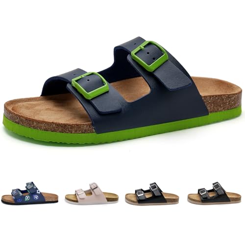 Torotto Kinder Pantoletten Mit Kork Hausschuhe Jungen Mädchen Pantoffeln Riemen Verstellbare Schnalle Rutschfeste Badelatschen für Drinnen und Draußen(Dunkelblau Grün, 35EU) von Torotto