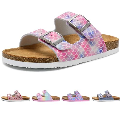 Torotto Kinder Pantoletten Mit Kork Hausschuhe Jungen Mädchen Pantoffeln Riemen Verstellbare Schnalle Rutschfeste Badelatschen für Drinnen und Draußen(Fischschuppen Glitter, 32EU) von Torotto