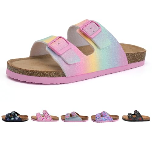 Torotto Kinder Pantoletten Mit Kork Hausschuhe Jungen Mädchen Pantoffeln Riemen Verstellbare Schnalle Rutschfeste Badelatschen für Drinnen und Draußen(Regenbogen Glitzer, 36EU) von Torotto