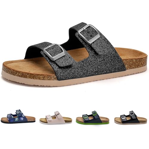 Torotto Kinder Pantoletten Mit Kork Hausschuhe Jungen Mädchen Pantoffeln Riemen Verstellbare Schnalle Rutschfeste Badelatschen für Drinnen und Draußen(Schwarzer Glitter, 32EU) von Torotto