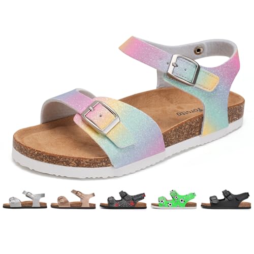 Torotto Kinder Sandalen Mit Kork Sandaletten Jungen Mädchen Strandsandalen Riemen Verstellbare Schnalle Rutschfeste mit Klettverschluss Riemchensandalen für Drinnen und Draußen(Regenbogen, 28EU) von Torotto