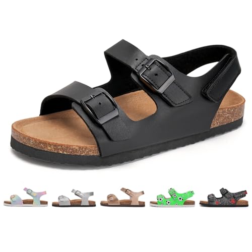 Torotto Kinder Sandalen Mit Kork Sandaletten Jungen Mädchen Strandsandalen Riemen Verstellbare Schnalle Rutschfeste mit Klettverschluss Riemchensandalen für Drinnen und Draußen(Schwarz, 33EU) von Torotto