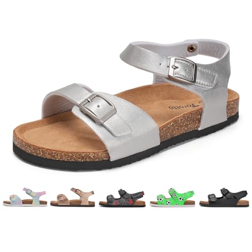 Torotto Kinder Sandalen Mit Kork Sandaletten Jungen Mädchen Strandsandalen Riemen Verstellbare Schnalle Rutschfeste mit Klettverschluss Riemchensandalen für Drinnen und Draußen(Silber, 31EU) von Torotto