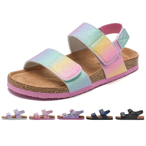 Torotto Sandalen Mädchen Jungen Mit Kork Sandals Kinder Pantoffeln Riemen Verstellbare Schnalle Rutschfeste Mit Klettverschluss Sandaletten für Drinnen und Draußen(Helles Regenbogen Glitter, 32EU) von Torotto