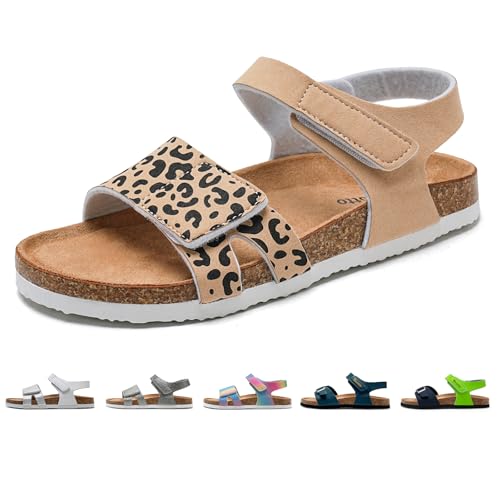 Torotto Sandalen Mädchen Jungen Mit Kork Sandals Kinder Pantoffeln Riemen Verstellbare Schnalle Rutschfeste Mit Klettverschluss Sandaletten für Drinnen und Draußen(Leopardendruck, 34EU) von Torotto