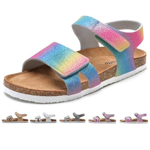 Torotto Sandalen Mädchen Jungen Mit Kork Sandals Kinder Pantoffeln Riemen Verstellbare Schnalle Rutschfeste Mit Klettverschluss Sandaletten für Drinnen und Draußen(Regenbogen Glitter, 34EU) von Torotto