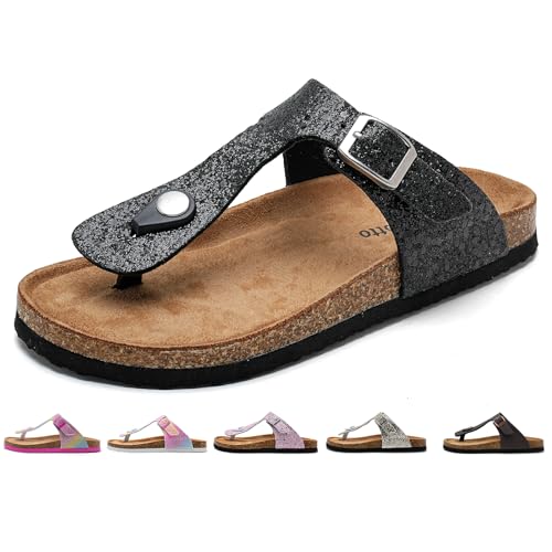 Torotto Zehentrenner Kinder Flip Flops Mit Kork Pantoletten Mädchen Jungen Hausschuhe Riemen Verstellbare Schnalle Rutschfeste Schlappen für Drinnen und Draußen(Schwarzer Glitter, 35EU) von Torotto