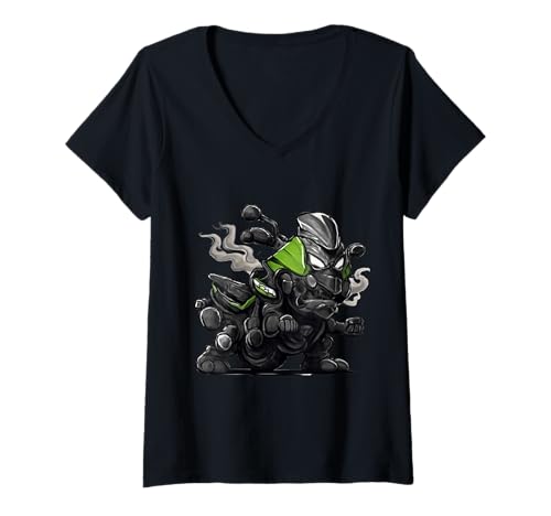 Damen Kunst mit wütender Motorrad-Zeichentrickfigur T-Shirt mit V-Ausschnitt Damen Kunst mit wütender Motorrad-Zeichentrickfigur T-Shirt mit V-Ausschnitt von Torque Motorcycle Beast Rider Garage