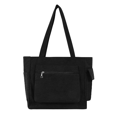 Torribaly Cord stofftasche tote bag, damen shopper groß handtasche canvas tasche, umhängetasche damen gross strandtasche mit Reißverschluss für Arbeit, Uni, Reisen und Einkaufen (Schwarz) von Torribaly