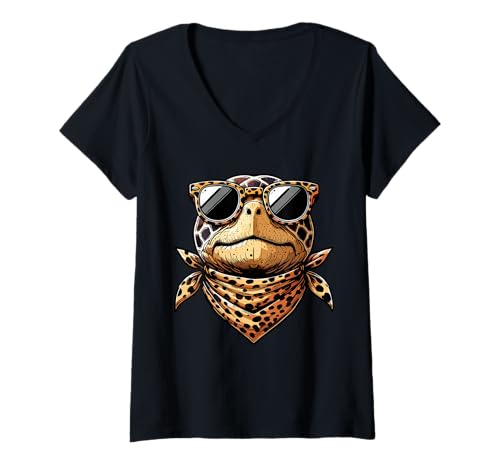 Damen Schildkröte trägt Leopardenschal mit Sonnenbrille T-Shirt mit V-Ausschnitt Damen Schildkröte trägt Leopardenschal mit Sonnenbrille T-Shirt mit V-Ausschnitt von Tortoise Turtle Lover Animal Zoo Outfit