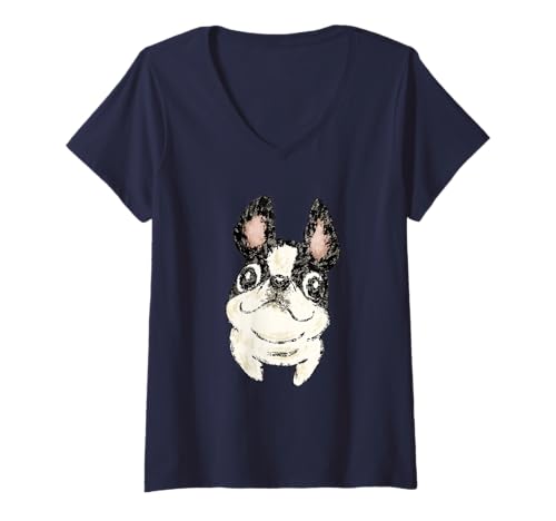 Damen Boston Terrier niedlicher Hund Welpe Haustier lustige Tierkunst Illustration T-Shirt mit V-Ausschnitt von Toru Sanogawa