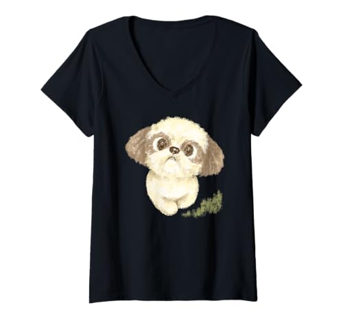 Damen Shih Tzu süßer Hund Welpe Haustier lustige Tierkunst Illustration T-Shirt mit V-Ausschnitt Damen Shih Tzu süßer Hund Welpe Haustier lustige Tierkunst Illustration T-Shirt mit V-Ausschnitt von Toru Sanogawa