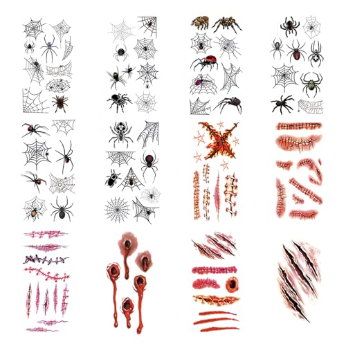 Torytoe Halloween Tattoos, 12 Blatt Kinder Erwachsene Gesichtstattoo, Halloween Vampir Karneval Kostüm Damen Herren Gesicht Aufkleber, Zombie Vampir Horror Kunstblut Make Up Sticker Party Mitgebsel von Torytoe