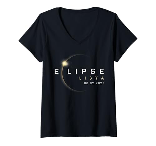 Damen Libyen Eclipse 2027 August 02 Totale Sonnenfinsternis T-Shirt mit V-Ausschnitt Damen Libyen Eclipse 2027 August 02 Totale Sonnenfinsternis T-Shirt mit V-Ausschnitt von Total Solar Eclipse Path of Totality Libya 2027