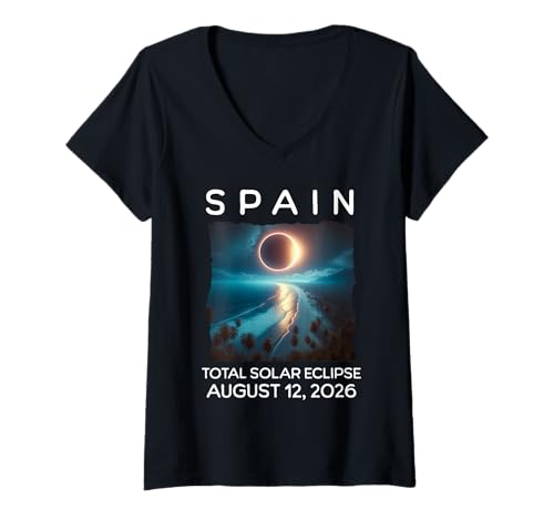 Damen Spanien Eclipse 2026 August 12 Total Solar Eclipse Beach T-Shirt mit V-Ausschnitt Damen Spanien Eclipse 2026 August 12 Total Solar Eclipse Beach T-Shirt mit V-Ausschnitt von Total Solar Eclipse Path of Totality Spain 2026